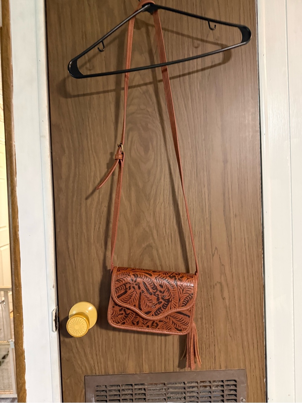 Women's Tan Leather Tooled Crossbody Bag with Tassel